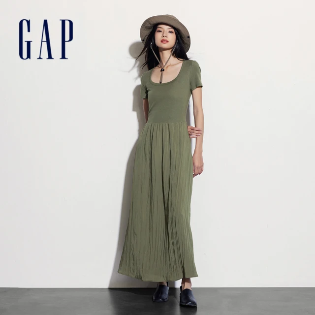 【GAP】女裝 Logo方領短袖洋裝-深綠色(406427)