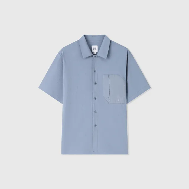 【GAP】男裝 Logo翻領短袖襯衫-藍灰色(464287)