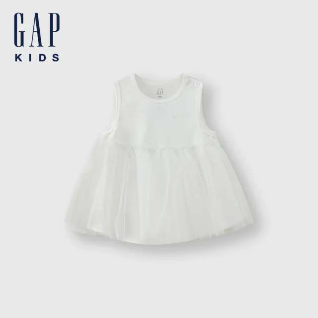 【GAP】女幼童裝 Logo純棉圓領無袖洋裝-白色(466777)