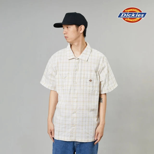 Dickies 男款白格紋純棉泡泡紗Logo織標休閒短袖襯衫｜DK012915H77