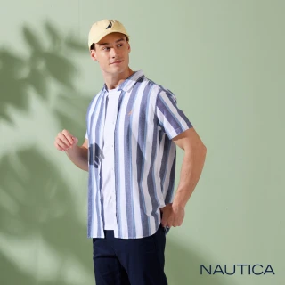 【NAUTICA】男裝 純棉條紋短袖襯衫(深藍)