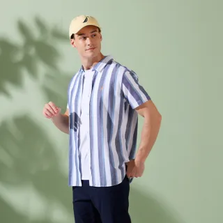 【NAUTICA】男裝 純棉條紋短袖襯衫(深藍)