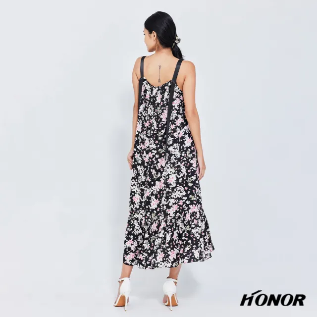 【HONOR 山形屋】碎花/不規則圖案緞帶式肩帶側開衩洋裝-粉/黑