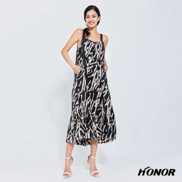 【HONOR 山形屋】碎花/不規則圖案緞帶式肩帶側開衩洋裝-粉/黑