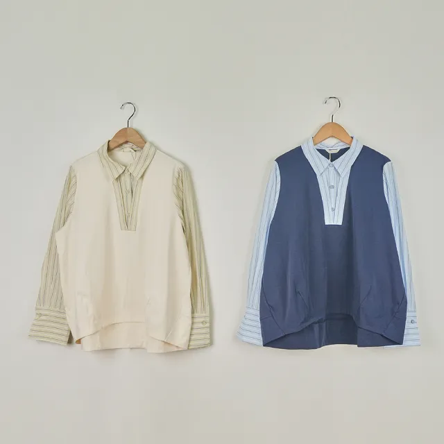 【MOSS CLUB】假兩件襯衫領繭型長袖上衣(藍 米/魅力商品)