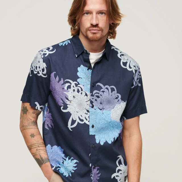 Superdry 男裝 短袖襯衫 精緻花襯衫 Hawaiian(菊花海軍藍)