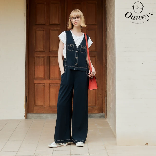 OUWEY 歐薇 時尚車線造型寬直筒吊帶褲(深藍色；XS-M；3242327659)