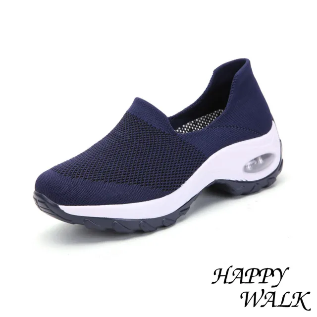 【HAPPY WALK】氣墊健步鞋/透氣網布飛織套腳休閒氣墊健步鞋(藍)