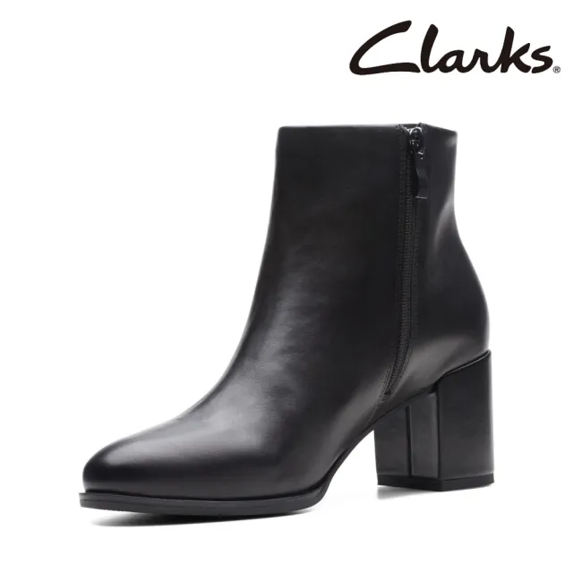 【Clarks】女鞋 Freva55 Zip 率性簡約拉鍊粗跟短靴 踝靴 真皮靴(CLF74797B)