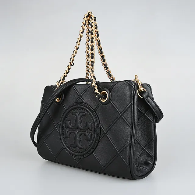 【TORY BURCH】FLEMING經典品牌LOGO菱格紋皮革手提斜背包(迷你/黑)