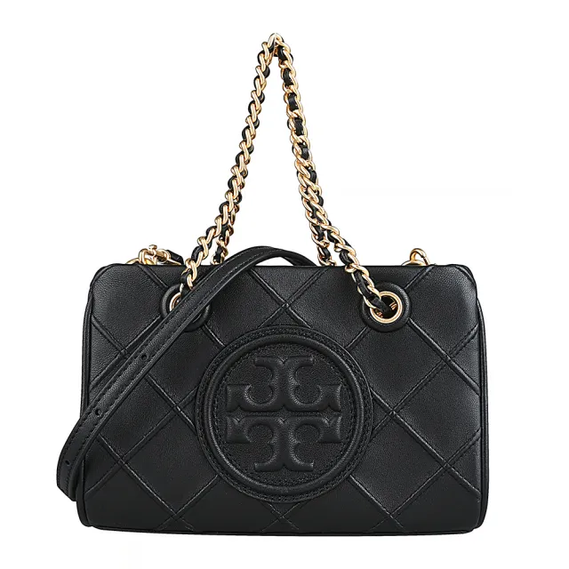 【TORY BURCH】FLEMING經典品牌LOGO菱格紋皮革手提斜背包(迷你/黑)