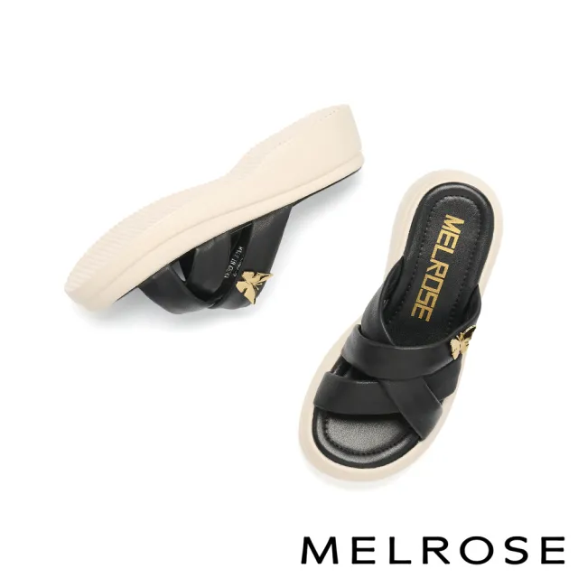 【MELROSE】美樂斯 夏日柔軟蝴蝶釦寬帶羊皮厚底拖鞋(黑)