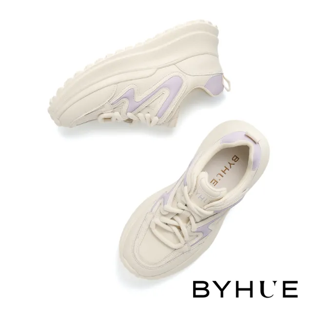 【BYHUE】率性街頭感撞色線條異材質軟芯綁帶厚底休閒鞋(紫)