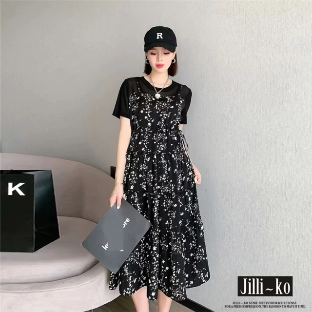 JILLI-KO 假兩件設計感碎花拼接圓領短袖連衣裙-F(黑)