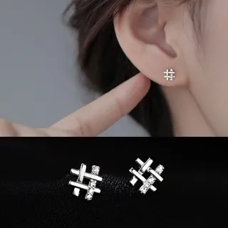 【Emi 艾迷】韓系迷你井字微鑲鑽 925銀針 耳環