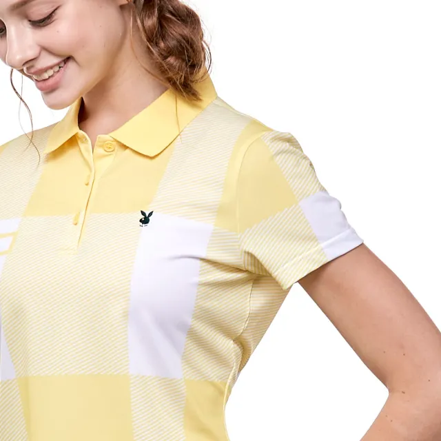 【PLAYBOY GOLF】女款大方格下擺束口短袖POLO衫-黃(吸濕排汗/抗UV/高爾夫球衫/KA24106-35)