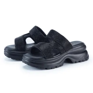 【TAS】燙鑽絨布休閒鬆糕厚底拖鞋(黑色)