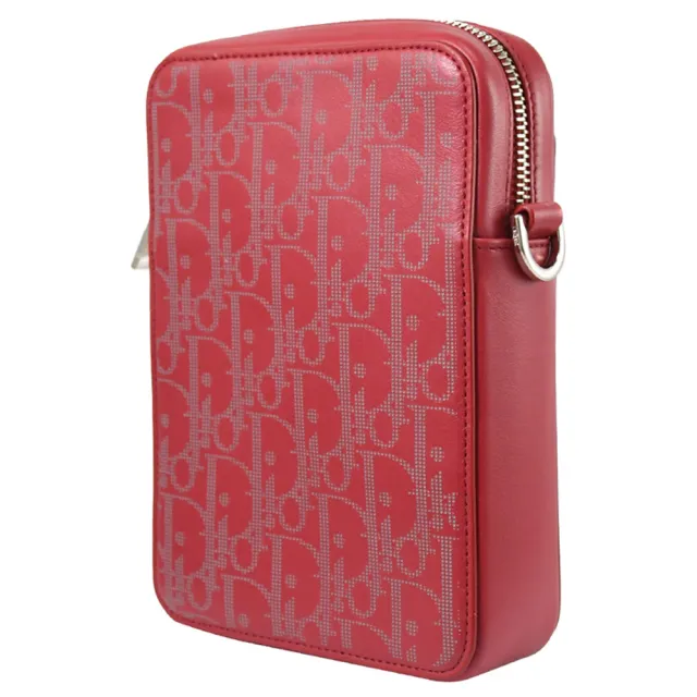 【Dior 迪奧】Christian Dior 品牌印花小牛皮拼接小方包手機包斜背包(紅)