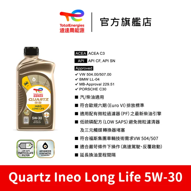 【TotalEnergies 道達爾能源官方旗艦店】Quartz Ineo Long Life 5W-30 全合成汽車引擎機油 5入