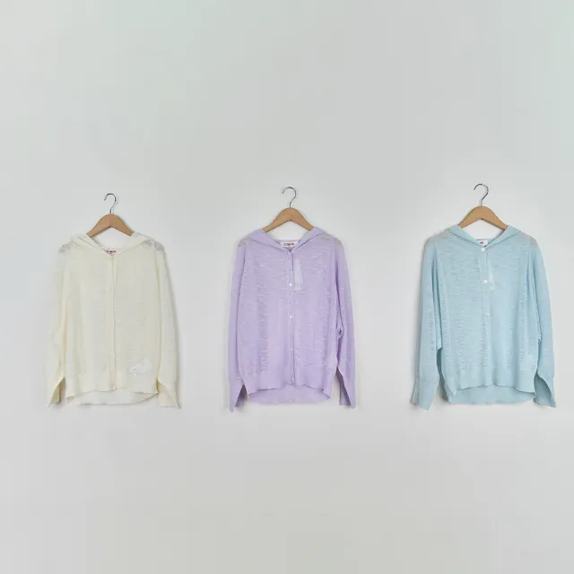 【CUMAR】夏日透明系連帽長袖針織外套(藍 白 紫/魅力商品)