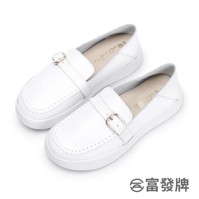 FUFA Shoes 富發牌 一字扣帶真皮休閒鞋-白 8068L(女鞋/休閒鞋/懶人休閒鞋/真皮鞋/懶人鞋)