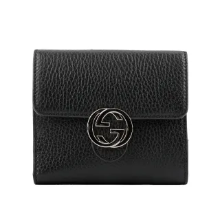 【GUCCI 古馳】金屬雙G Logo牛皮暗釦短夾(黑色)