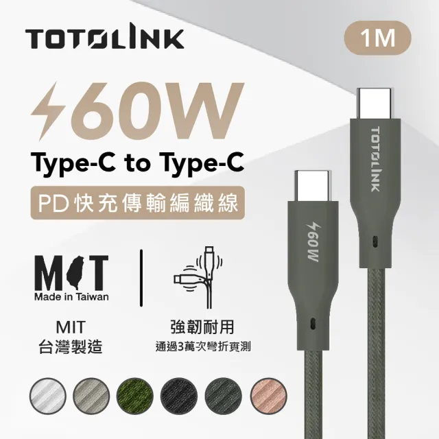 【TOTOLINK】60W Type-C to C PD3.0快充傳輸線 充電線_共六色 1M(安卓 iPhone15 iPhone16適用 / USB-C)