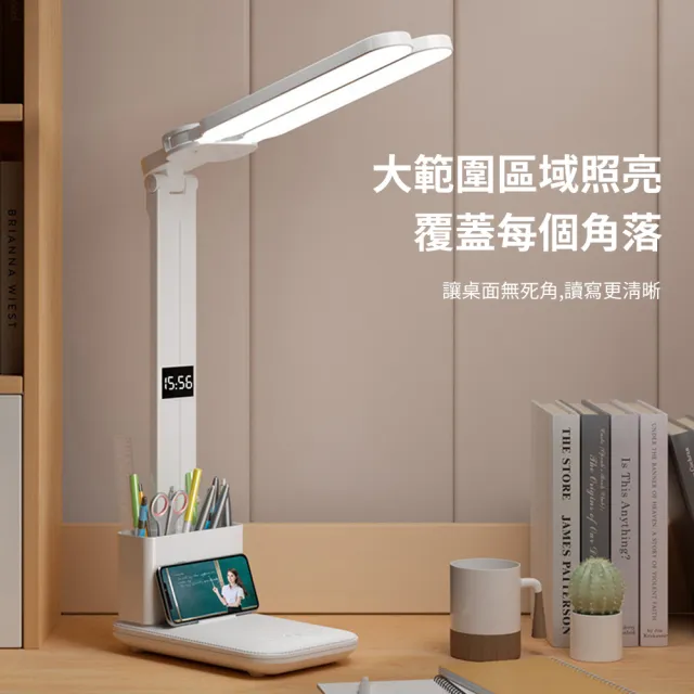 【YOLOMO】雙燈頭閱讀檯燈 廣角可調光護眼檯燈 讀寫檯燈(時鐘+筆筒+手機支架+檯燈四合一)