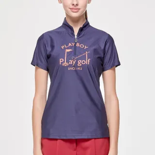 【PLAYBOY GOLF】女款高爾夫圖騰吸濕排汗抗UV立領短袖上衣-深藍(高爾夫球衫/KA24121-58)
