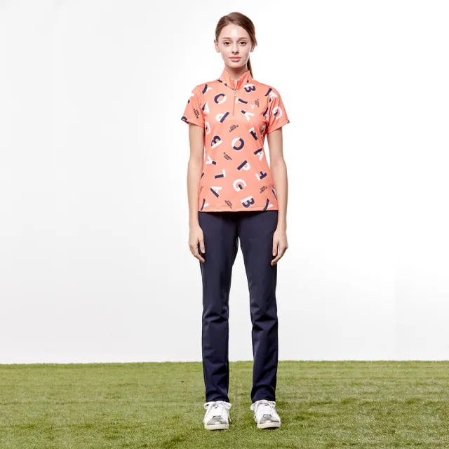 【PLAYBOY GOLF】女款拼字高爾夫吸濕排汗抗UV立領短袖上衣-橘(高爾夫球衫/KA24122-28)