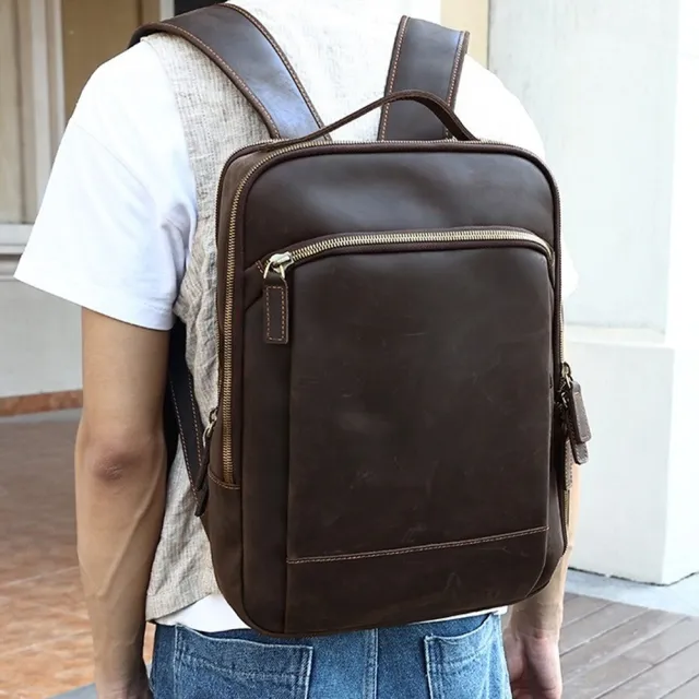 【KT DADA】真皮背包 15吋電腦包 休閒電腦包 復古後背包 雙拉鍊主袋 男朋友禮物 電腦後背包 A4包