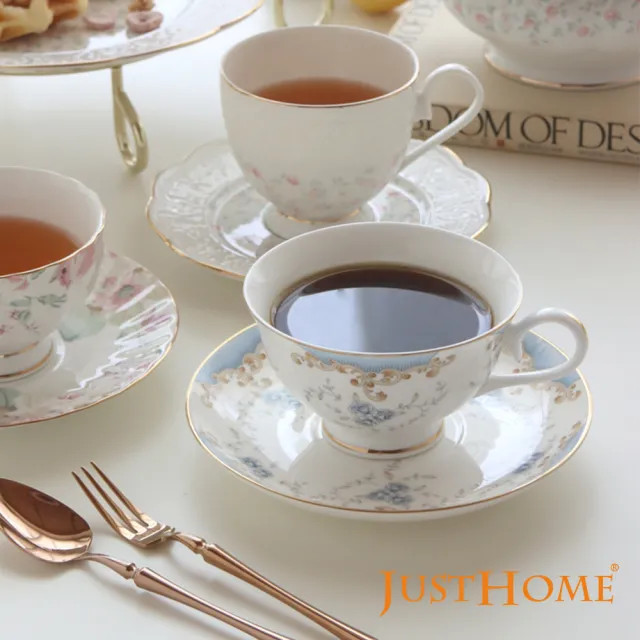 【Just Home】骨瓷咖啡杯盤12件禮盒組附收納架(多款花色可選)