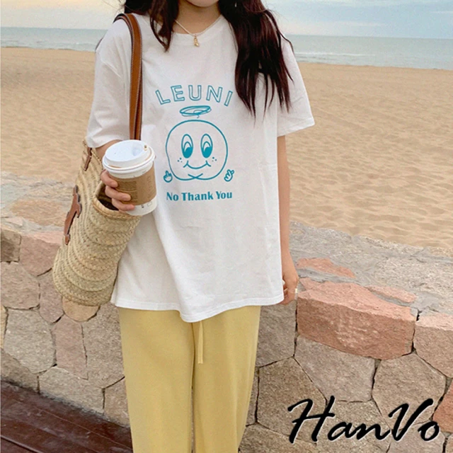 HanVo 現貨 LEUNI印花純棉舒適T恤(親膚排汗透氣簡約短袖 韓系女裝 女生衣著 0245)