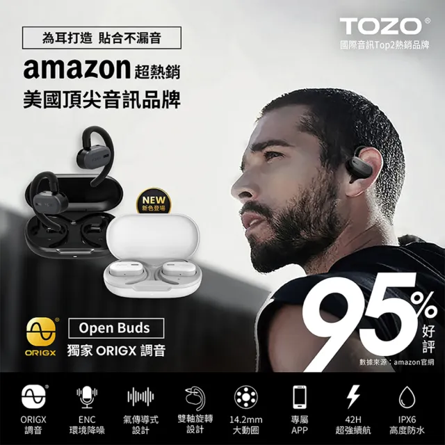 迪士尼充電組【TOZO】OpenBuds降噪開放式氣傳導無線藍牙耳機(Amazon歐美熱賣/專屬APP/ENC通話降噪/耳掛式/I