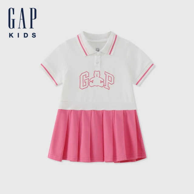 GAPGAP 女幼童裝 Logo小熊印花翻領短袖洋裝-粉白組合(466137)