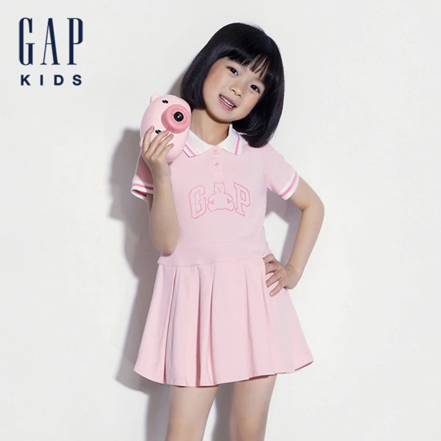 GAP 女幼童裝 Logo小熊印花翻領短袖洋裝-粉色(466137)