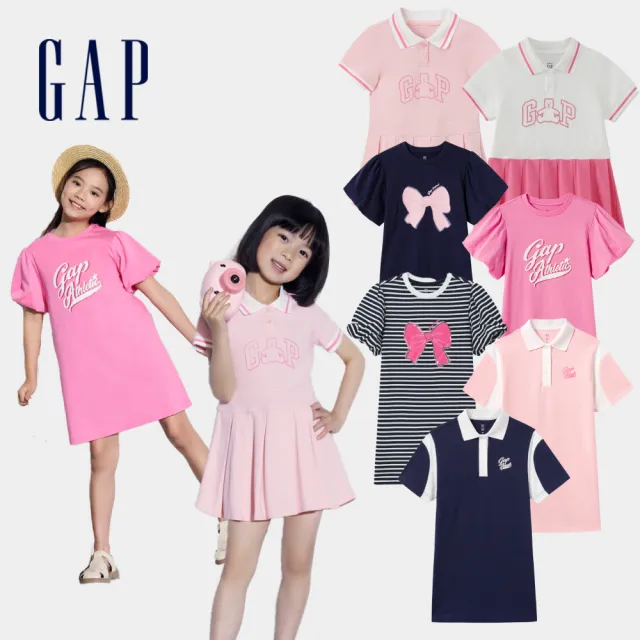 【GAP】女幼童裝 Logo小熊印花翻領短袖洋裝-粉色(466137)