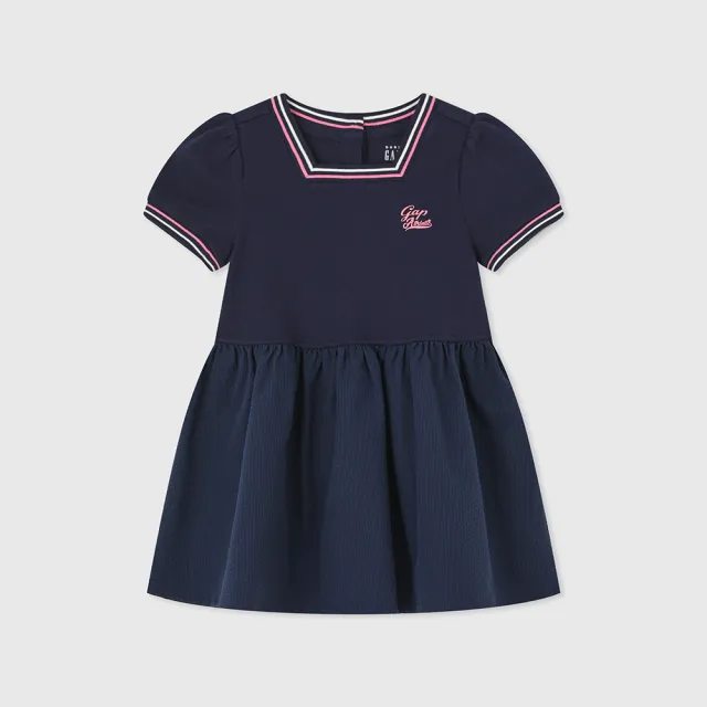 【GAP】女幼童裝 Logo印花方領短袖洋裝-海軍藍(466153)