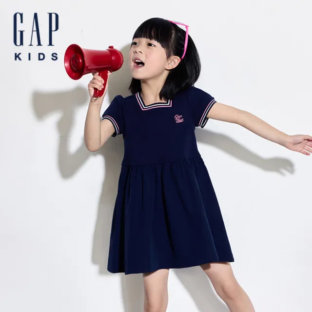 【GAP】女幼童裝 Logo印花方領短袖洋裝-海軍藍(466153)