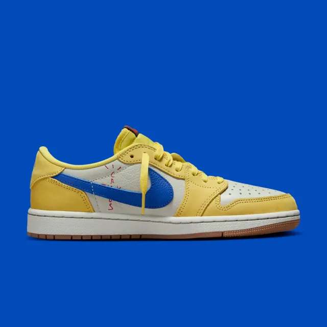 【NIKE 耐吉】休閒鞋 Air Jordan 1 x Travis Scott Low OG Canary WMNS 聯名款 倒鉤 黃藍 女鞋 DZ4137-700