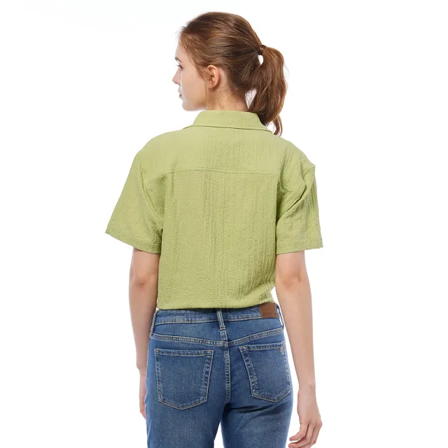【JEEP】女裝 跳色刺繡紋理短袖襯衫(綠)