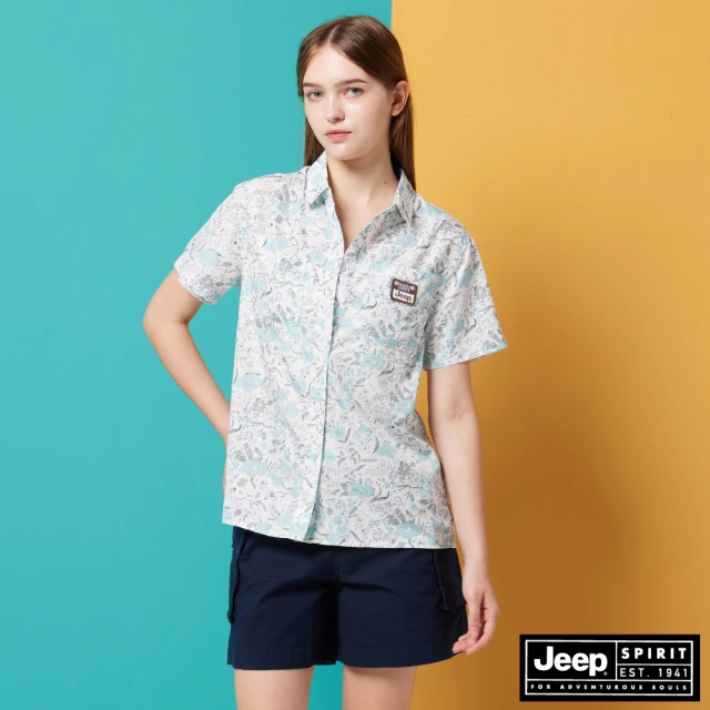 【JEEP】女裝 夏日清新碎花短袖襯衫(綠)