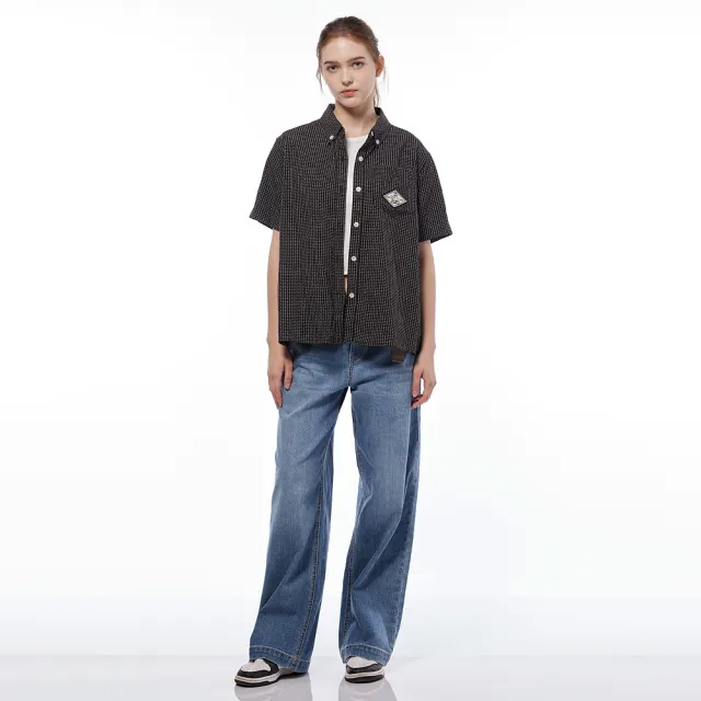 【JEEP】女裝 品牌貼布繡細格紋短袖襯衫(黑)