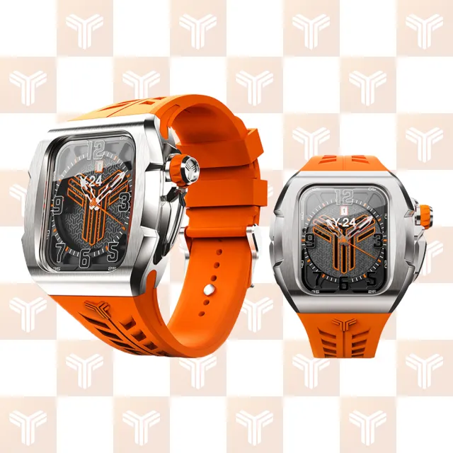 【Y24】Quartz Watch 45mm 石英錶芯手錶 QWC-45 銀錶殼/橘錶帶(適用Apple Watch 45mm)