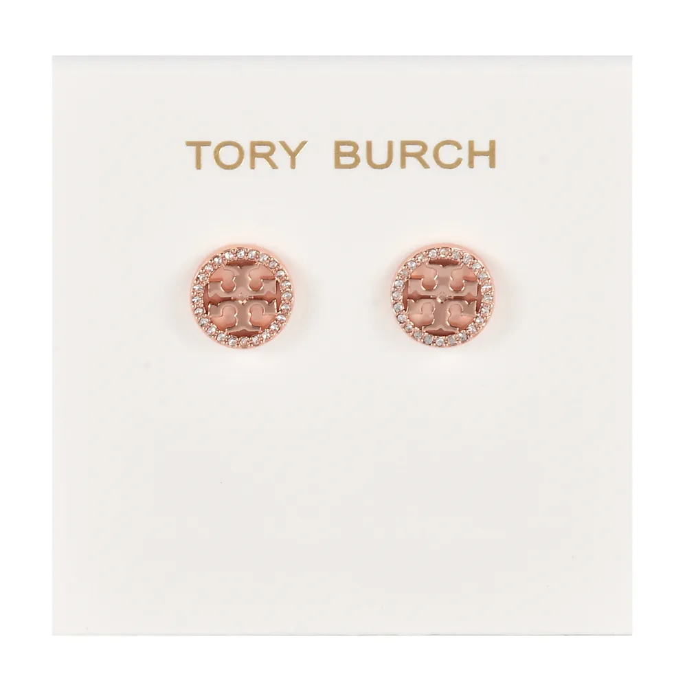 【TORY BURCH】MILLER 鏤空T LOGO亮鑽鑲圈穿式耳環(玫瑰金)