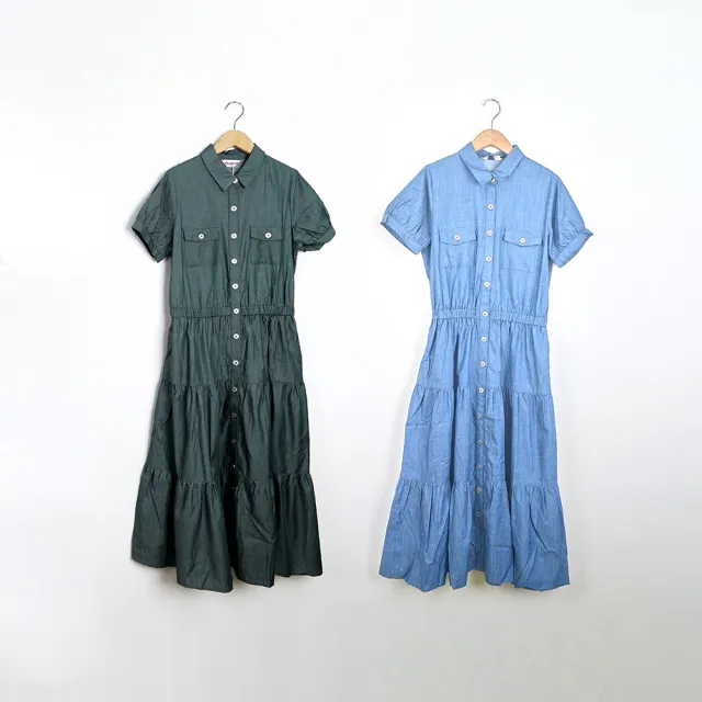 【CUMAR】襯衫領鬆緊腰蛋糕層次短袖長洋裝(藍 綠)
