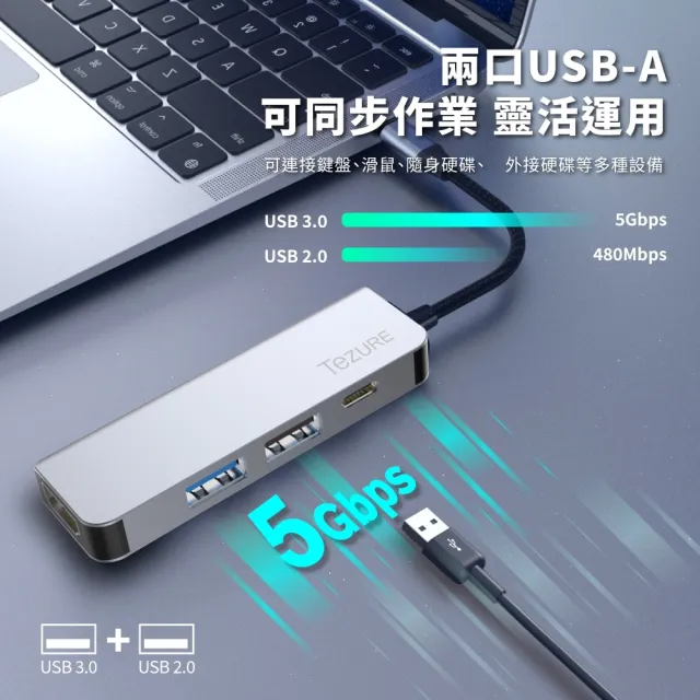 【TeZURE】四合一USB Type-C Hub多功能集線器 轉接器(HDMI/USB3.0/PD快充/適用MacBook)