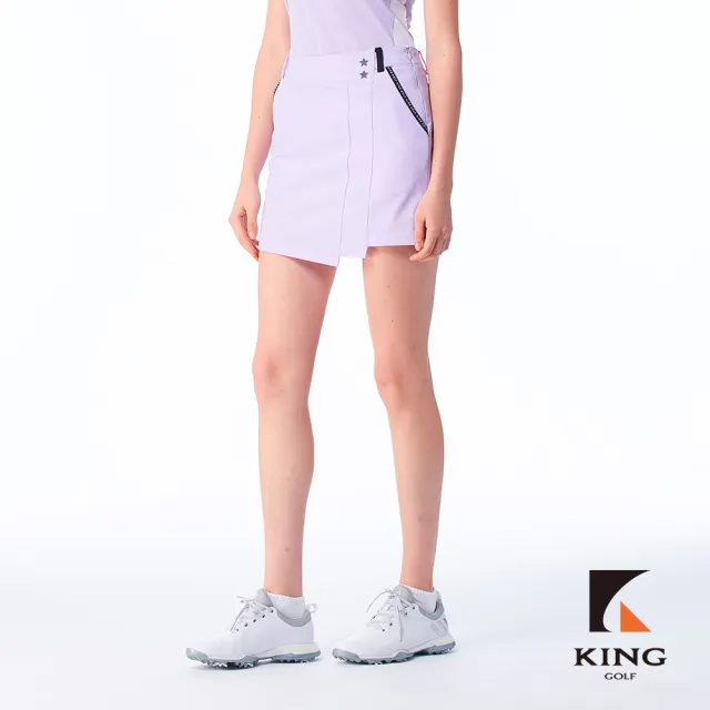 【KING GOLF】實體同步款-女款特殊剪裁百摺拼接織帶素面修身A LINE短裙/高爾夫球裙(紫色)