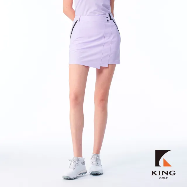 【KING GOLF】實體同步款-女款特殊剪裁百摺拼接織帶素面修身A LINE短裙/高爾夫球裙(紫色)