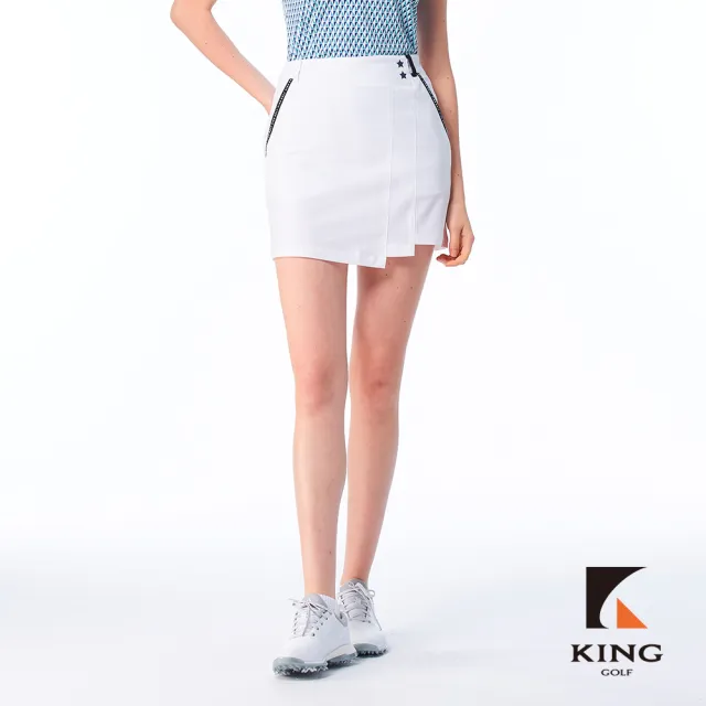 【KING GOLF】實體同步款-女款特殊剪裁百摺拼接織帶素面修身A LINE短裙/高爾夫球裙(白色)